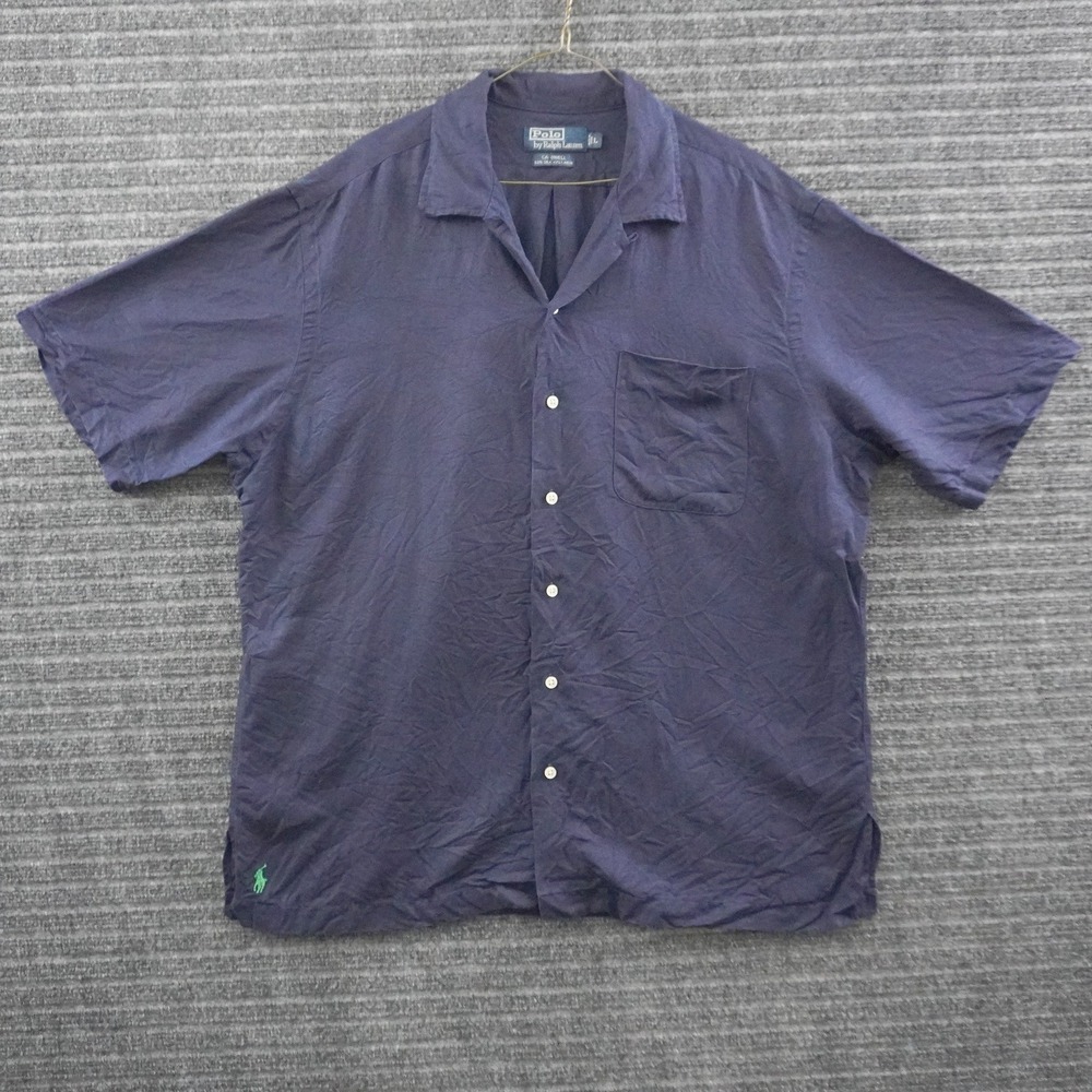 Vintage Polo Ralph Lauren Caldwell Shirt L Navy Blue Silk Linen Camp Loop Collar